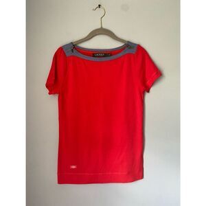 Lauren Ralph Lauren red with denim trim shoulder zippers short sleeve casual top